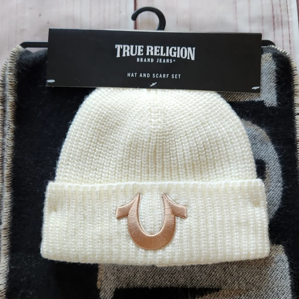 NWT True Religion Beanie Hat & Scarf Set Men's Accessories Cream Black Grey